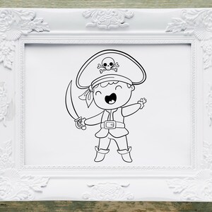 May include: Black and white line art illustration of a pirate holding a sword. The pirate is wearing a hat with a skull and crossbones design.