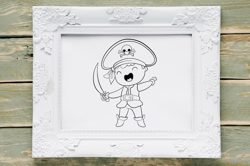 May include: Black and white line art illustration of a pirate holding a sword. The pirate is wearing a hat with a skull and crossbones design.