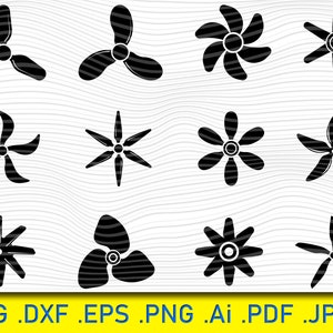 以下が含まれることがあります： 異なるプロペラデザインの12個の黒いシルエット画像のセット。プロペラはすべてスターバーストまたは3ブレードスタイルです。