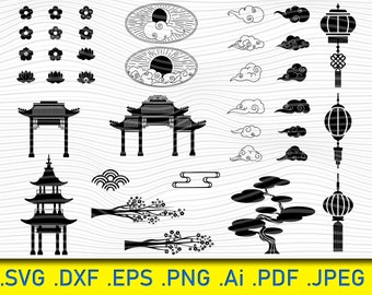 37 Asian Oriental Elements, Asian banners set, Asian Architecture Building Set, Pagoda Tower SVG, Eps, Png,Dxf files, SVG cut files, Digital