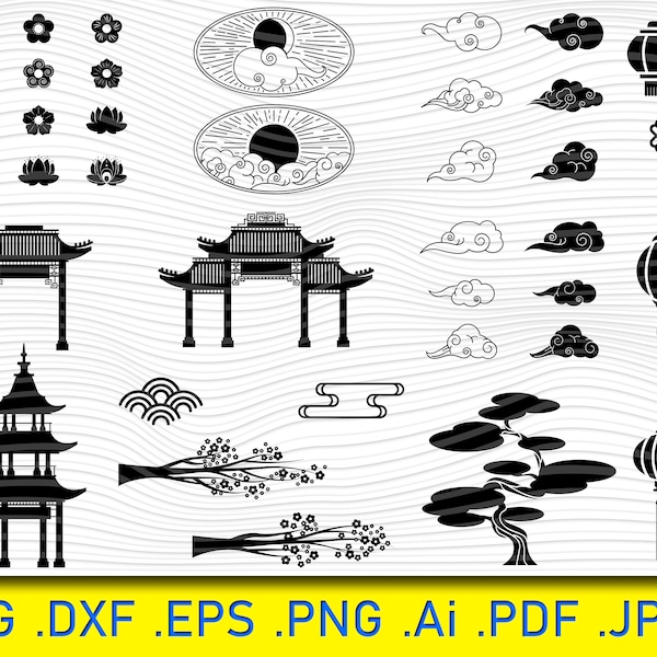 37 Asian Oriental Elements, Asian banners set, Asian Architecture Building Set, Pagoda Tower SVG, Eps, Png,Dxf files, SVG cut files, Digital