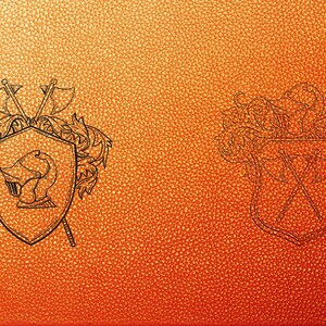 May include: Two heraldic shields with ornate designs. The shield on the left features a knight's helmet and crossed swords. The shield on the right features crossed swords and a floral design.