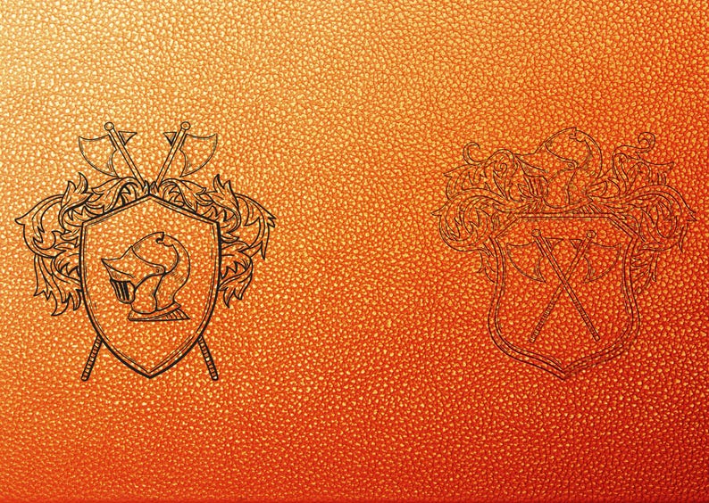 May include: Two heraldic shields with ornate designs. The shield on the left features a knight's helmet and crossed swords. The shield on the right features crossed swords and a floral design.