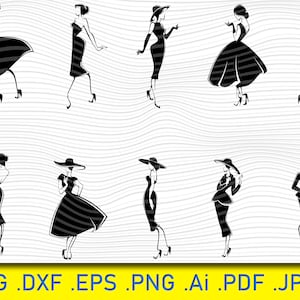 Kobieta SVG, Pani SVG, Sukienki modowe, Dziewczyna SVG, Suknia wieczorowa png, Vintage, Styl retro, sylwetka Cricut, SVG, Clipart Cięcie Pliki do cięcia