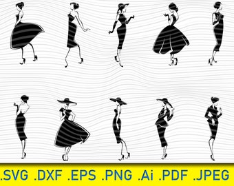 Woman SVG, Lady SVG, Fashion dresses, Girl svg, Evening dress png, Vintage, Retro style, cricut silhouette, SVG, Clipart Cut Cutting files
