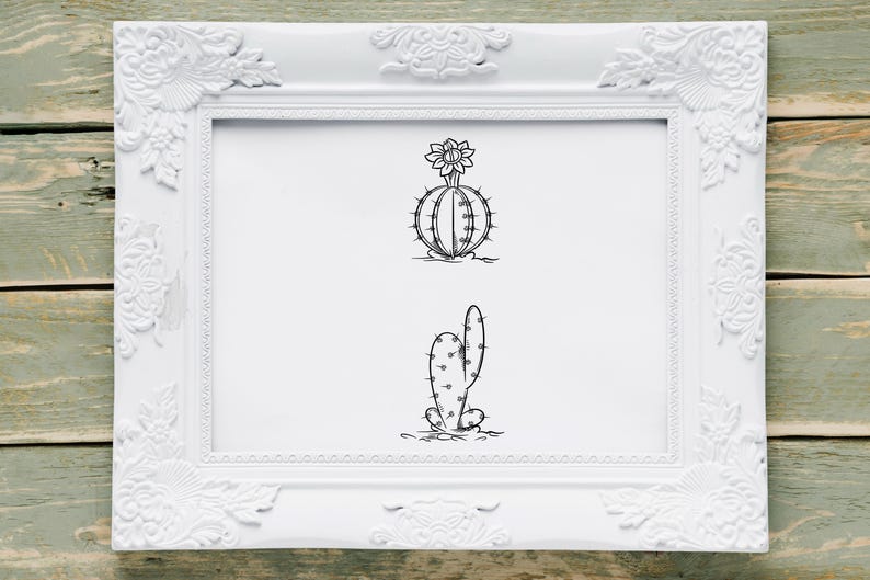 以下が含まれることがあります： 白いフレームに、2つのサボテンのシンプルな黒の線画が描かれています。上のサボテンは丸く、上に花が咲いています。下のサボテンは背が高く、細いです。