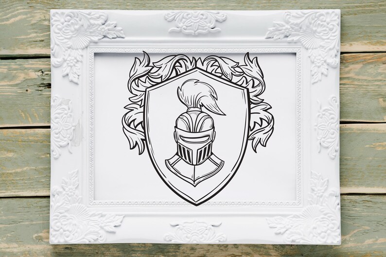 May include: A black and white illustration of a knight's helmet inside a shield with a decorative border of leaves. The image is framed in a white ornate frame.