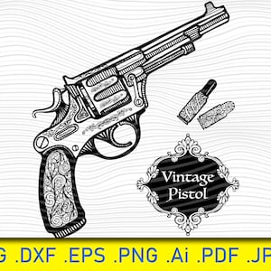 May include: A black and white illustration of a vintage pistol with ornate details. The pistol has a floral pattern on the handle and is accompanied by two bullets. The text "Vintage Pistol" is displayed in a decorative frame.