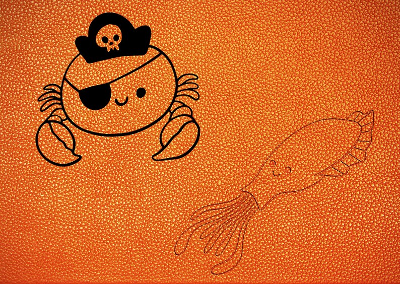 May include: A black and white line drawing of a pirate crab wearing an eye patch and a pirate hat with a skull and crossbones on a bright orange background.  There is also a black and white line drawing of a squid with a smiling face on the right side of the image.