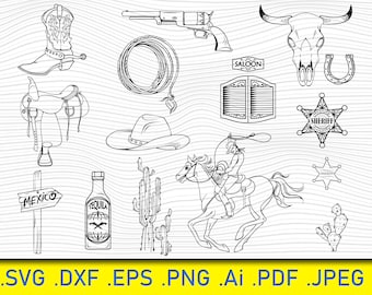 Imágenes prediseñadas del Viejo Oeste: Vaquero, cantina, placa de sheriff (descarga digital)