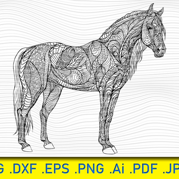 Coloriage de cheval, pleine croissance, dur, SVG de cheval de Mandala, impression de Paisley, page de coloration de cheval, fichier de coupe équine, cameo, cricut, PNG, DXF, licorne