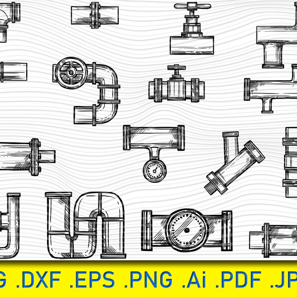 Sketch pipes system, Pipes Fittings Connectors, Galvanized Steel, Industrial, Plumbing Plumber, SVG FileWater Outlet Svg,Water Faucet Svg