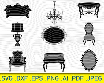 Victorian furniture elements, furniture svg bundle, sofa svg, chandellier svg, cabinet svg, mirror svg, furniture dxf, candelabrum svg, dxf