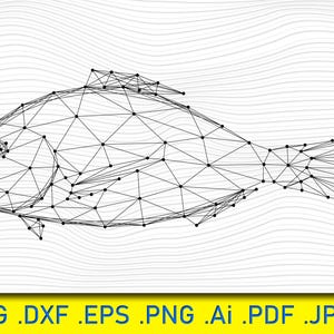 May include: A black and white geometric line art illustration of a fish. The fish is made up of a series of connected dots and lines, creating a polygonal effect.