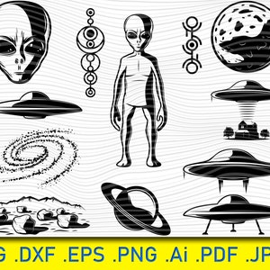 以下が含まれることがあります： UFO、銀河、惑星、エイリアン、幾何学模様など、エイリアンをテーマにした白黒のベクターイラストのセットです。