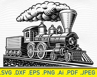 May include: A black and white illustration of a vintage steam locomotive with a plume of smoke coming from the chimney. The locomotive has a large, round boiler and a tall smokestack. The train is on a track with a rocky surface.