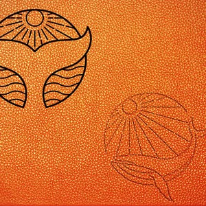 May include: A black and white line drawing of a whale with a sun and waves on an orange background.