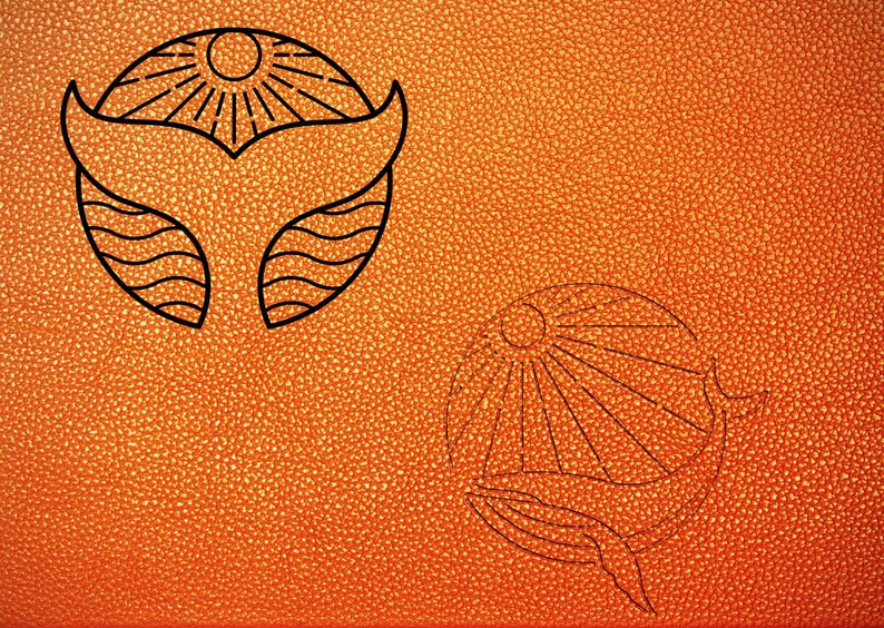 May include: A black and white line drawing of a whale with a sun and waves on an orange background.