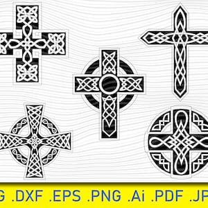 May include: Four black and white Celtic cross designs. The crosses are intricate and detailed, with a knotwork pattern. The crosses are isolated on a white background.