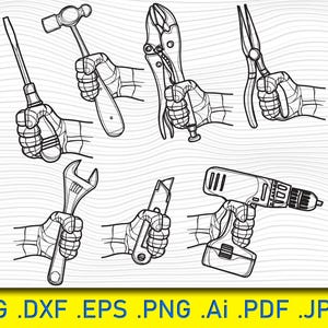 Può includere: Un set di disegni in bianco e nero di vari strumenti, tra cui un martello, un cacciavite, una pinza, una chiave inglese, un coltello multiuso e un trapano. Ogni strumento è raffigurato nella mano di una persona.