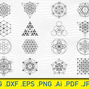 May include: A set of 16 black and white geometric sacred geometry designs. The designs are intricate and detailed, and they are perfect for use in a variety of creative projects.