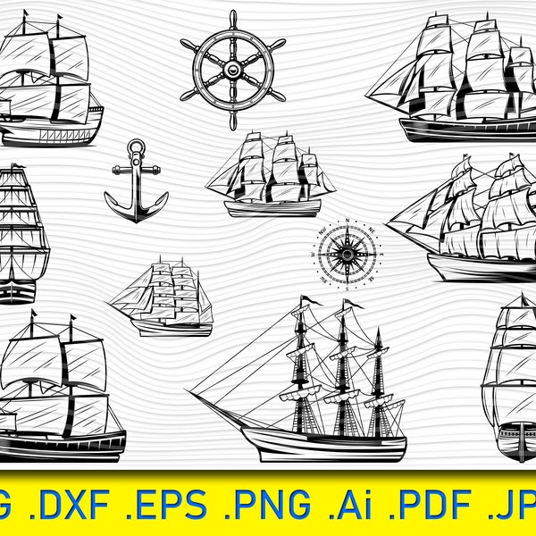 Vintage Big Ships with Different Vessels Boats, Steering Wheel, Anchor Svg, Ship SVG Bundle, Ship SVG, Sailing Ships Clipart, Ship Cut Files