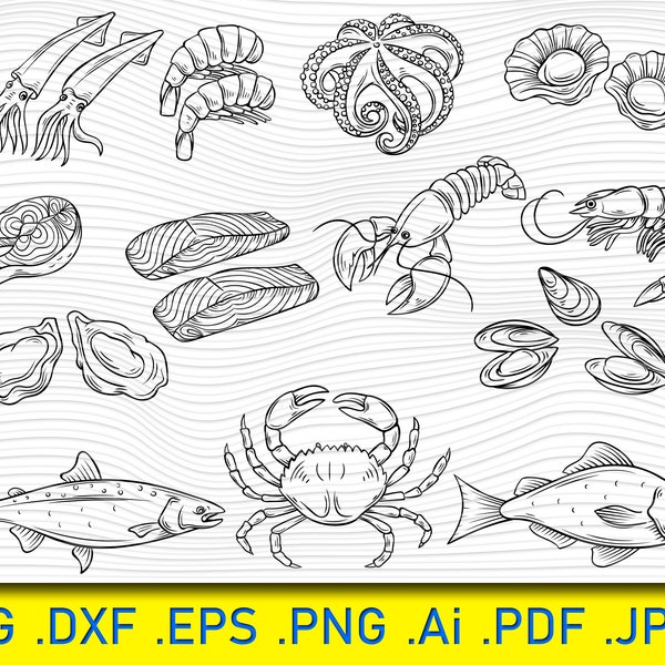 13 Seafood SvG Bundle, Seafood SVG,Hand Drawn Seafood, Sea, Fishing Clipart, Fish Clipart, Marine, Ocean, Nautical Clip art Vector EPS, SVG