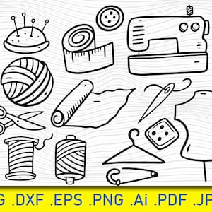 May include: A set of black and white line drawings of sewing and crafting supplies, including a sewing machine, a spool of thread, a pincushion, a needle, a thimble, a measuring tape, a dress form, and a hanger with a safety pin.