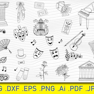 May include: Black and white line art illustrations of various theater and music related items, including a harp, a violin, a piano, a theater mask, a jester's hat, a pair of opera glasses, a bouquet of flowers, a rose, a pair of ballet shoes, a ticket, a musical note, a column, a fan, a pair of gloves, and a playbill.