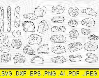 Panadería SVG: Imágenes prediseñadas de pan, baguette, tarta y hojaldre (archivo digital)