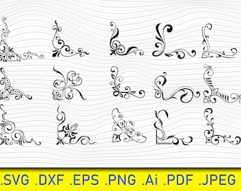 15 Ornamental Borders, Calligraphic Corners, Corner Brackets SVG, (eps, pdf, png, svg, studio3 file types), Flourish  Cut Files, Silhouette