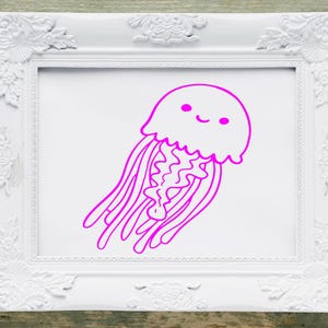 May include: A white frame with a pink line drawing of a smiling jellyfish with a wavy body and tentacles.