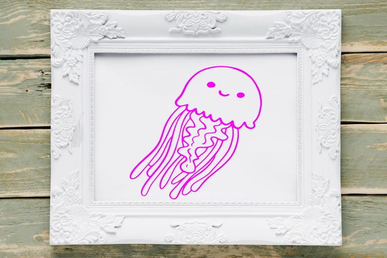May include: A white frame with a pink line drawing of a smiling jellyfish with a wavy body and tentacles.