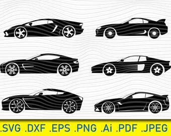 May include: Six black silhouette images of different sports cars. The cars are facing the right side of the image and are all the same size. The images are on a white background with a wavy pattern.