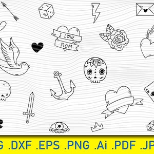 21 vintage Tattoo Svg Files, Flower Rose Tattoo, Heart Tattoo Svg, Old School Svg, Mom Tattoo, Tattoo Clipart svg, DXF, Eps, Pdf, Png, Svg
