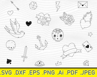 21 fichiers Svg de tatouage vintage, tatouage de rose de fleur, coeur tatouage Svg, Svg Old School, tatouage maman, tatouage clipart svg, DXF, Eps, Pdf, Png, Svg