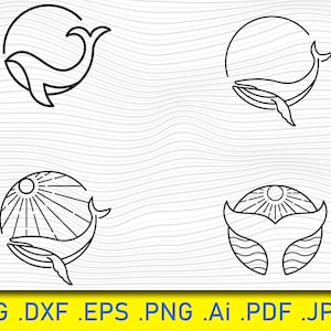 May include: Four black and white line art illustrations of whales. The first two illustrations show a whale jumping out of a circle. The third illustration shows a whale jumping out of a circle with sun rays. The fourth illustration shows a whale tail with waves in a circle.