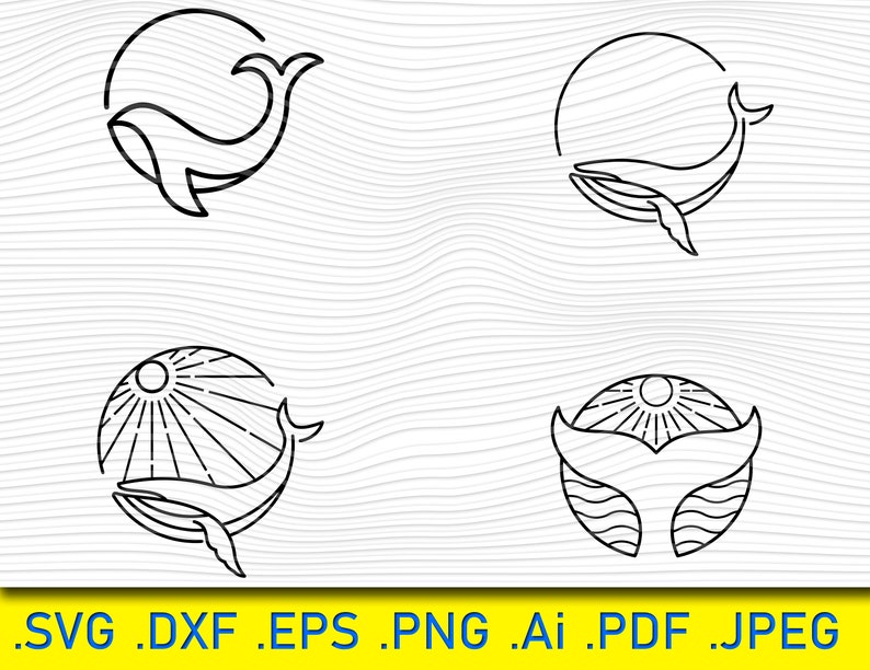 May include: Four black and white line art illustrations of whales. The first two illustrations show a whale jumping out of a circle. The third illustration shows a whale jumping out of a circle with sun rays. The fourth illustration shows a whale tail with waves in a circle.