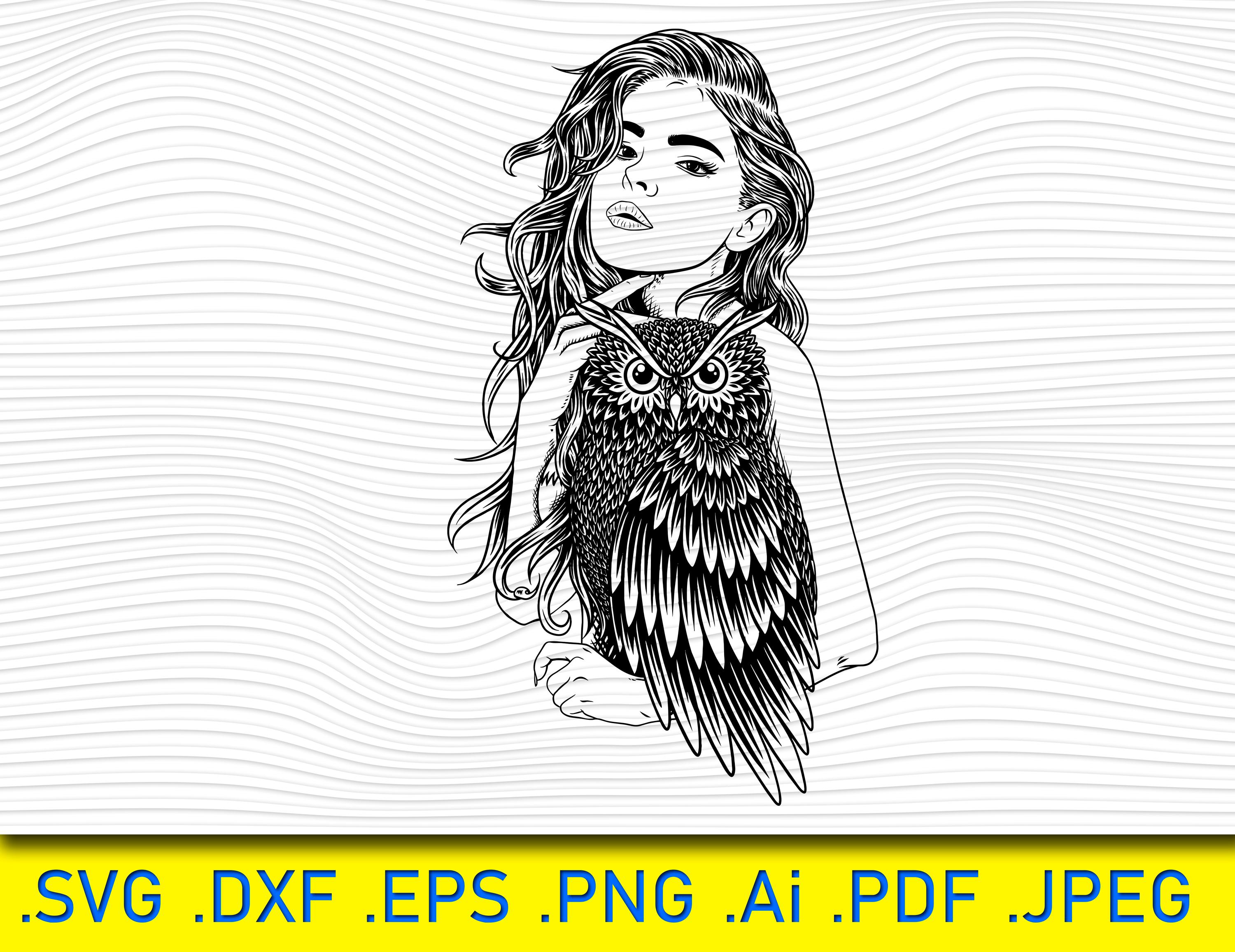 Girl and Owl Sketch: Tribal Tattoo SVG, Cricut, Sticker (Digital File)