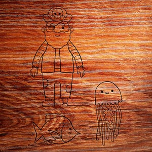 May include: A black and white line drawing of a pirate with an eyepatch, a skull and crossbones hat, and a striped shirt. The pirate is standing next to a jellyfish and a fish.