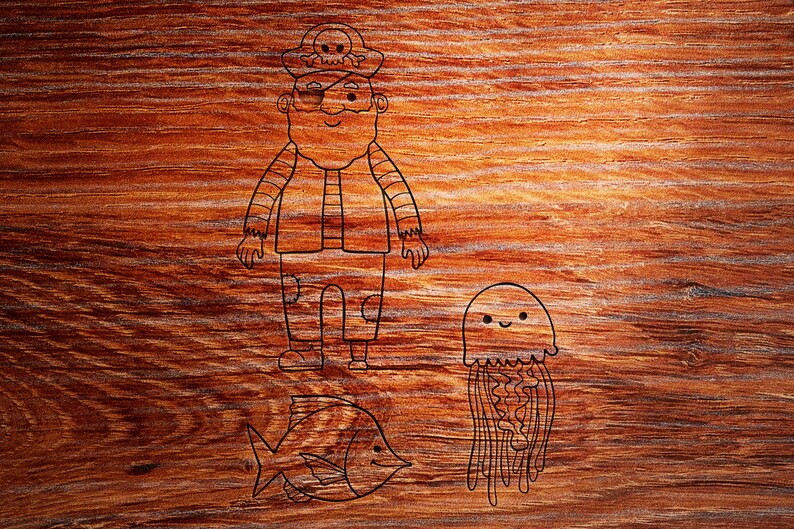 May include: A black and white line drawing of a pirate with an eyepatch, a skull and crossbones hat, and a striped shirt. The pirate is standing next to a jellyfish and a fish.