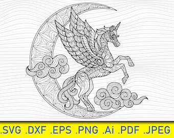 Unicorn Moonlight, Unicorn svg, zentangle unicorn svg, boho svg, mandala unicorn svg, unicorn silhouette svg, ethnic unicorn svg files, Png