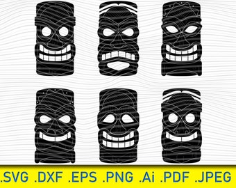 TIKI SVG, Tiki head svg, Tribal svg, Luau svg, totem, tiki mask, hawaiian, silhouette, clipart, eps, png, dxf, cut file, iron on, stencil