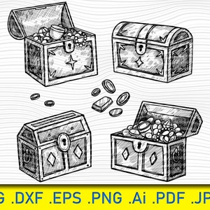 Pacote SVG de baú de tesouro, baú de tesouro SVG, clipart de baú de tesouro, arquivos cortados para silhueta, arquivos para Cricut, vetor, Svg, Png, Design