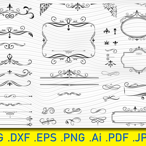 38 Ornamental Lines, Vector Corbels,Fancy Borders, SVG Digital Download, Frames and Edges, Cricut Cut File, Clipart Png, Eps, Dxf, Vector