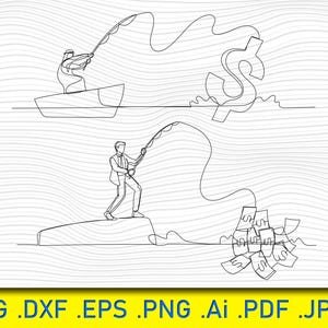 Uomo d'affari pesca soldi su una barca SVG, barca da pesca svg pacchetto di pesca pescatore pesca clipart pescatore, Dollaro SVG, Euro Money SVG