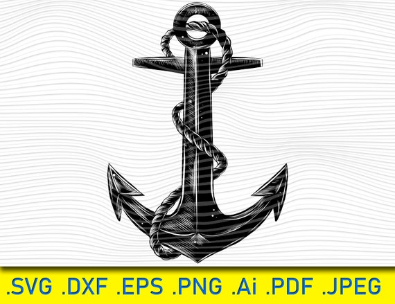 Ship Anchor with Rope, Rope Anchor Ship Wheel Nautical Boat Sea Pirate  Detailed Silhouette Outline .SVG, Design Logo, Clipart Cutting Design