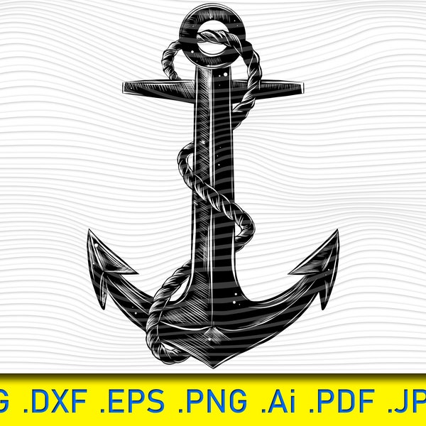 Ship Anchor with Rope, Rope Anchor Ship Wheel Nautical Boat Sea Pirate Detailed Silhouette Outline .SVG, Design Logo, Clipart Cutting Design