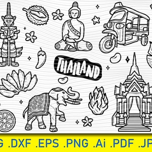 Thailand svg, Thailand icoans, handgezeichnet, gekritzel, Doodle svg, Färbung, Tropical Island, Palmen und Hängematte, Elefant, Buddha, Früchte svg