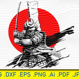 May include: A black and white illustration of a samurai warrior holding a sword, with a red circle behind him. The samurai is wearing a helmet and armor, and his sword is raised in the air.